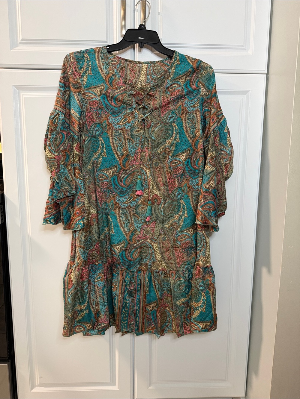 Boho Paisley Teal Ruffle Tunic Top